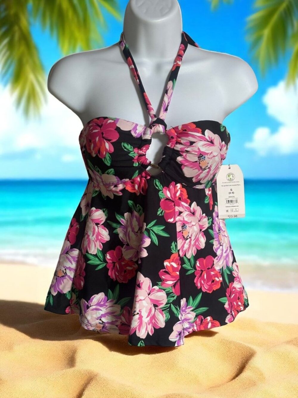 Time And Tru Floral Halter Tankini Swim Top Womens Small 4-6